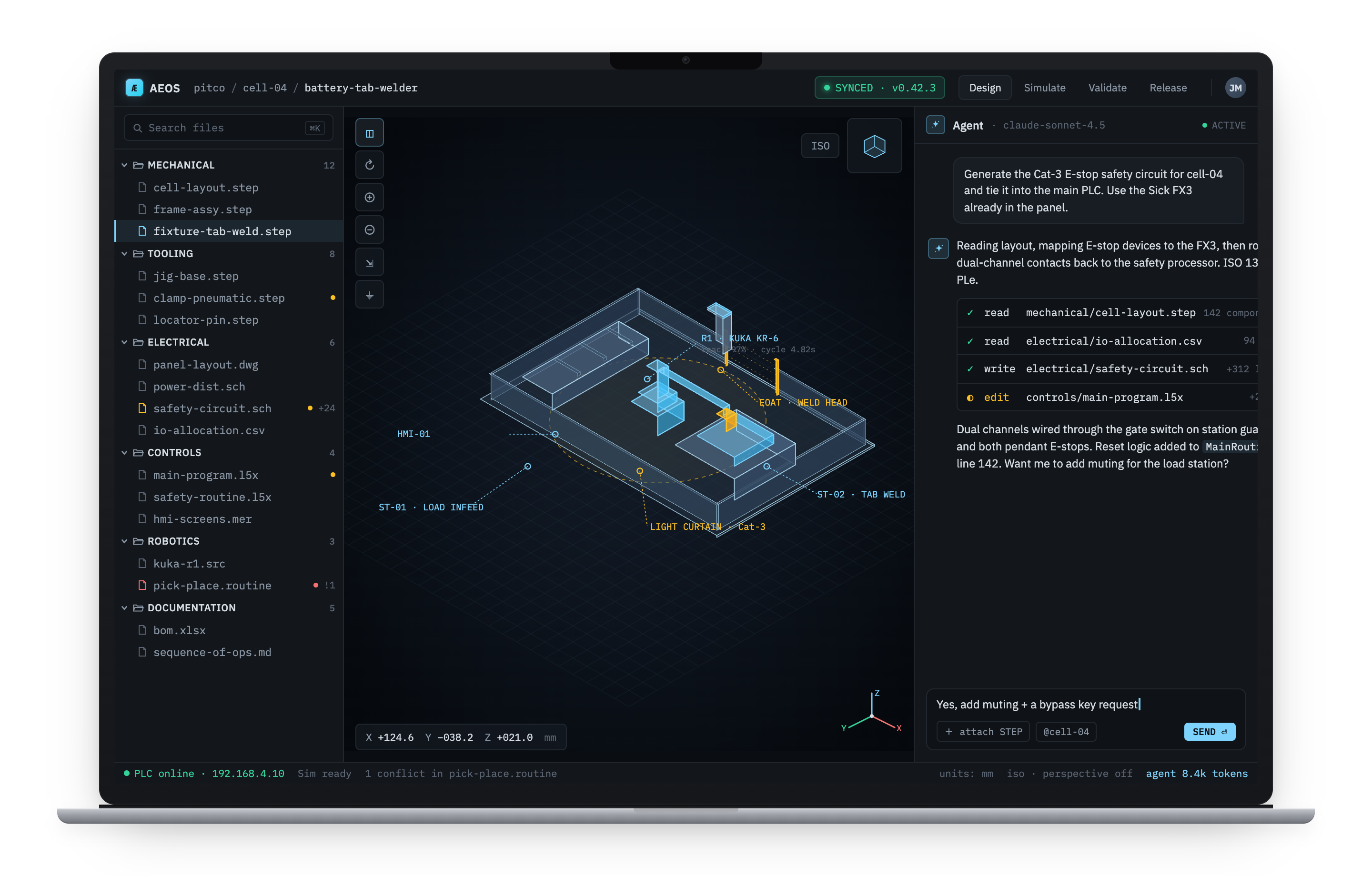 The AEOS desktop application — a project tree, a 3D mechanical-layout viewport, and an engineering agent chat