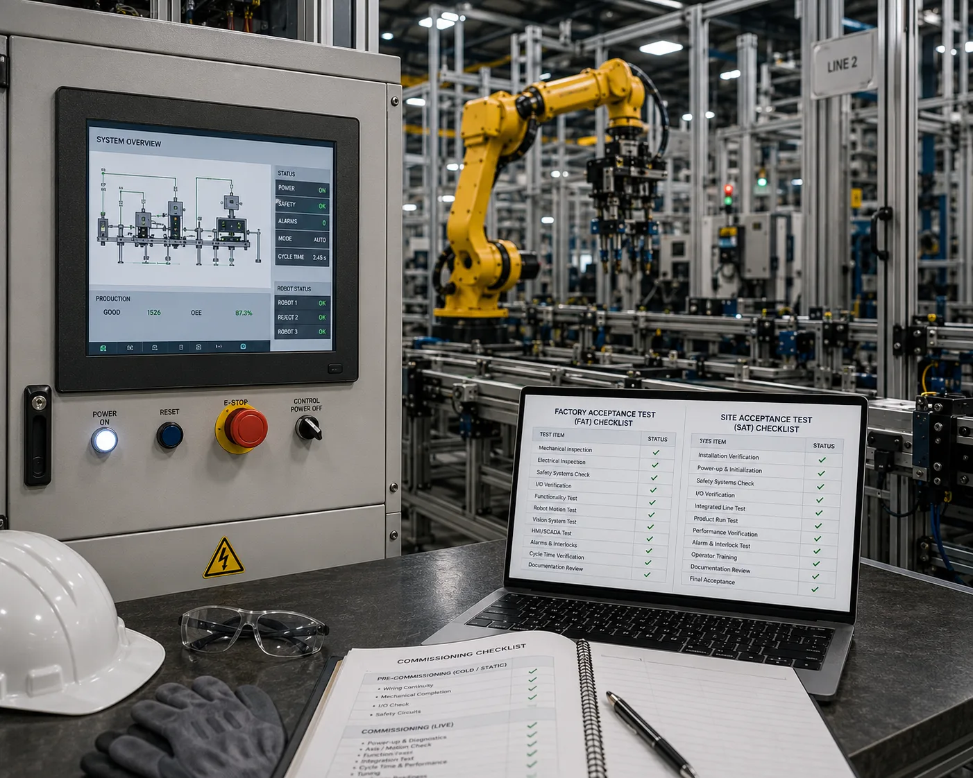 A commissioning workstation on the plant floor — an HMI system-overview panel beside a robotic line, with Factory (FAT) and Site (SAT) acceptance-test checklists open on a laptop and a commissioning checklist on the bench.