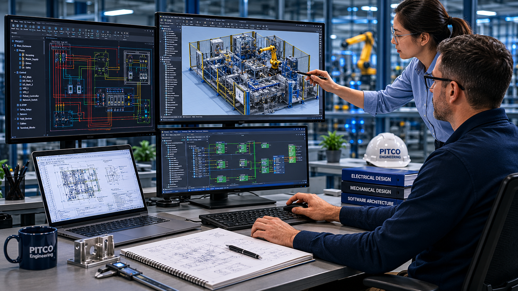 PITCO engineers developing electrical, mechanical, and software architecture design for an automation build.