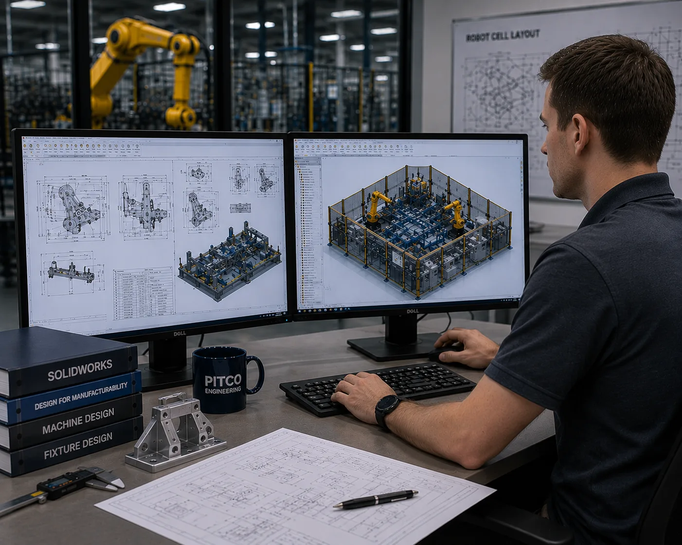 Mechanical design drawings and robot cell layout produced by PITCO engineers.