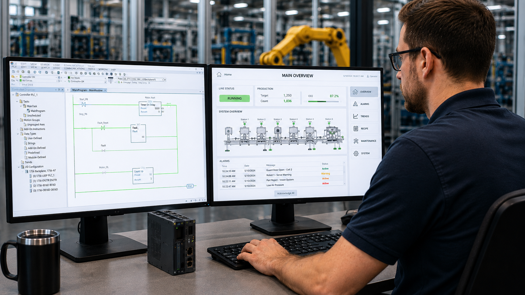 PITCO engineers developing and testing control system software for an industrial automation line.