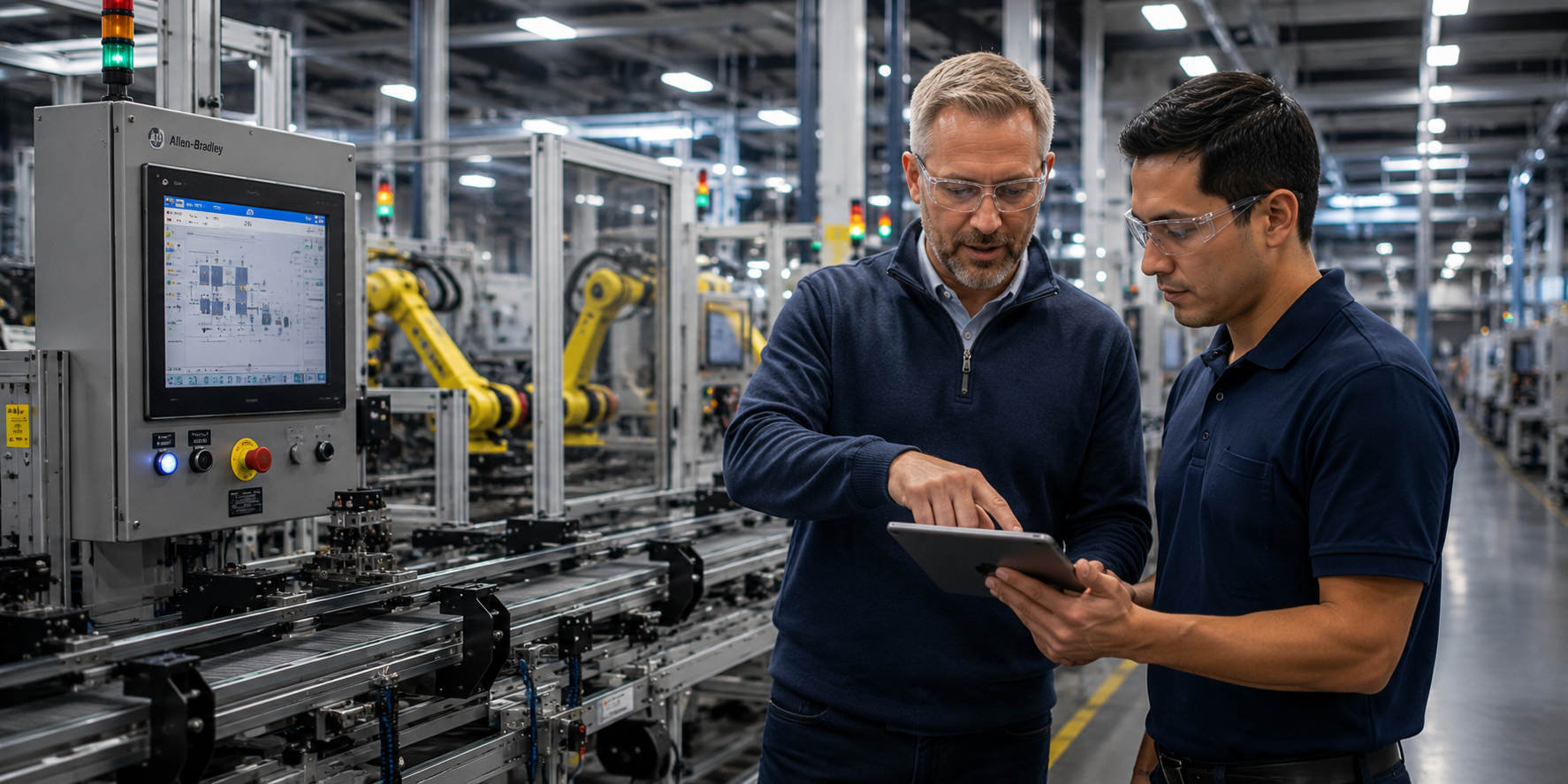 Two PITCO engineers reviewing a tablet at a control panel on a production line.