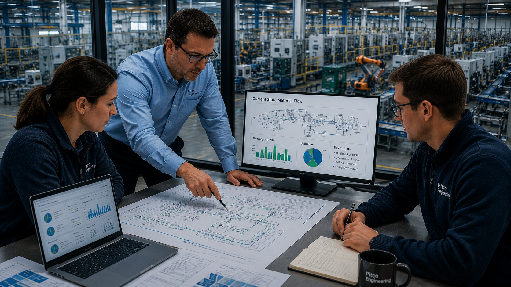 PITCO process engineers reviewing current-state material-flow charts and plant schematics on a factory floor.