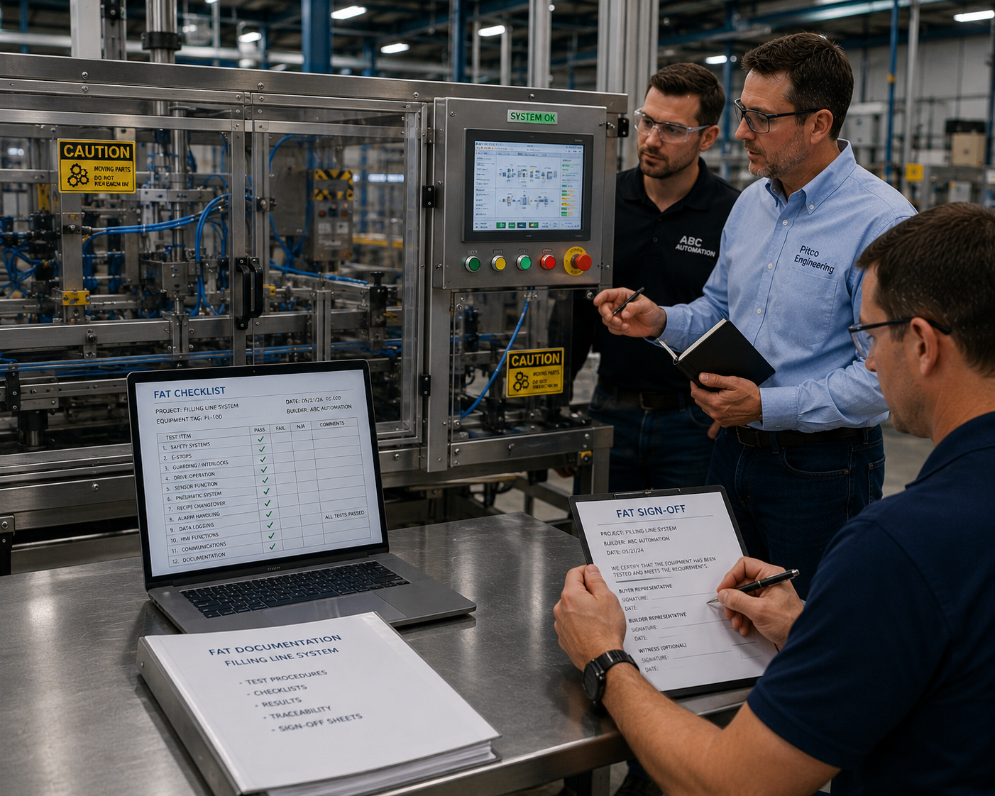 PITCO engineers running a factory acceptance test at the builder's control panel, working through a FAT checklist and sign-off sheet.