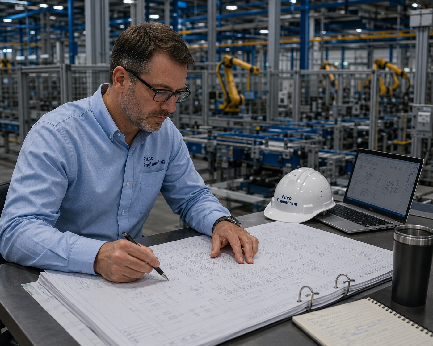 A PITCO Forward Deployed Engineer reviewing automation control drawings on the plant floor, with robotic cells in the background.
