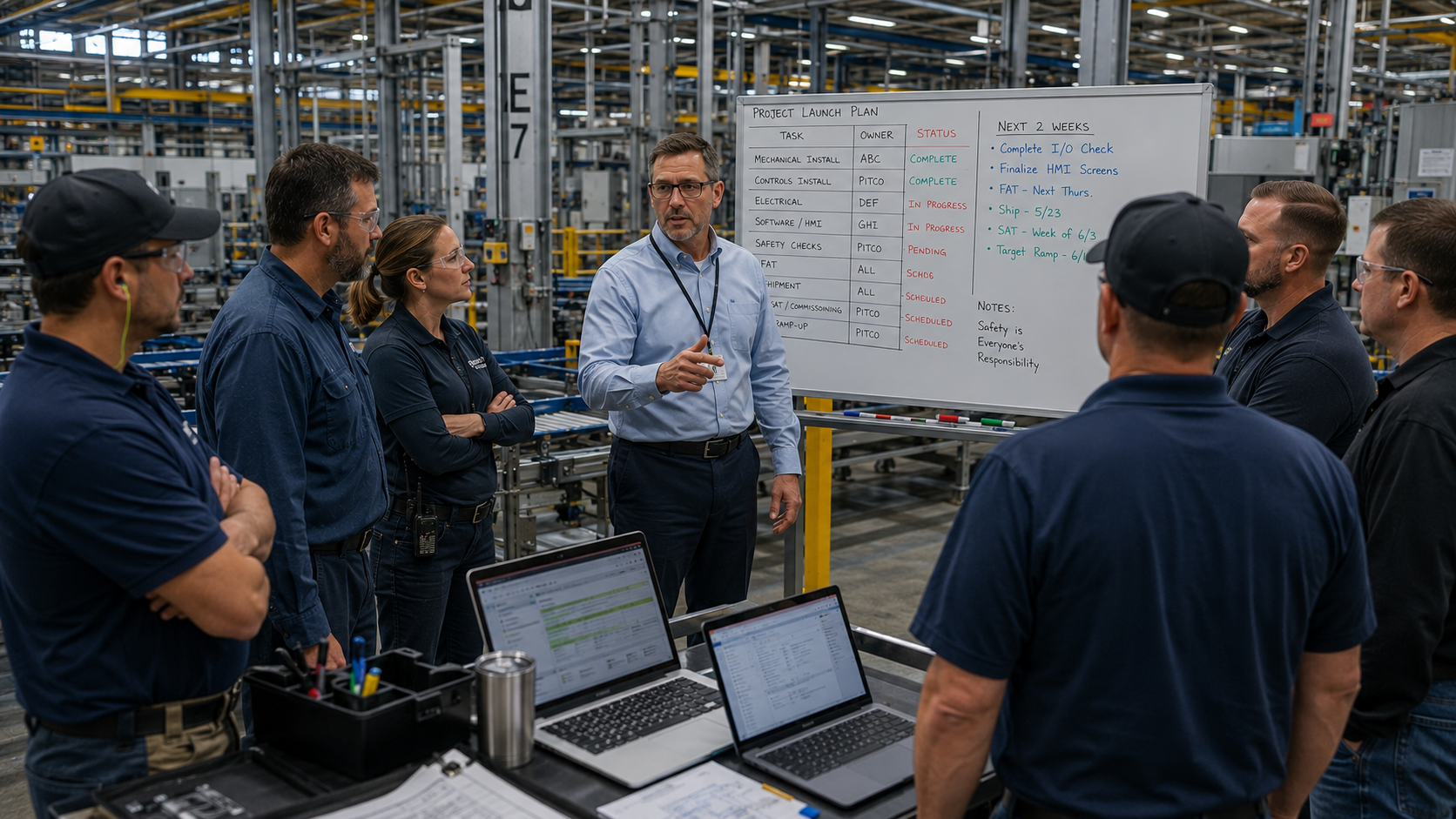 A PITCO Forward Deployed Engineer leading a launch-plan stand-up with the integrator and plant team at a whiteboard on the factory floor.