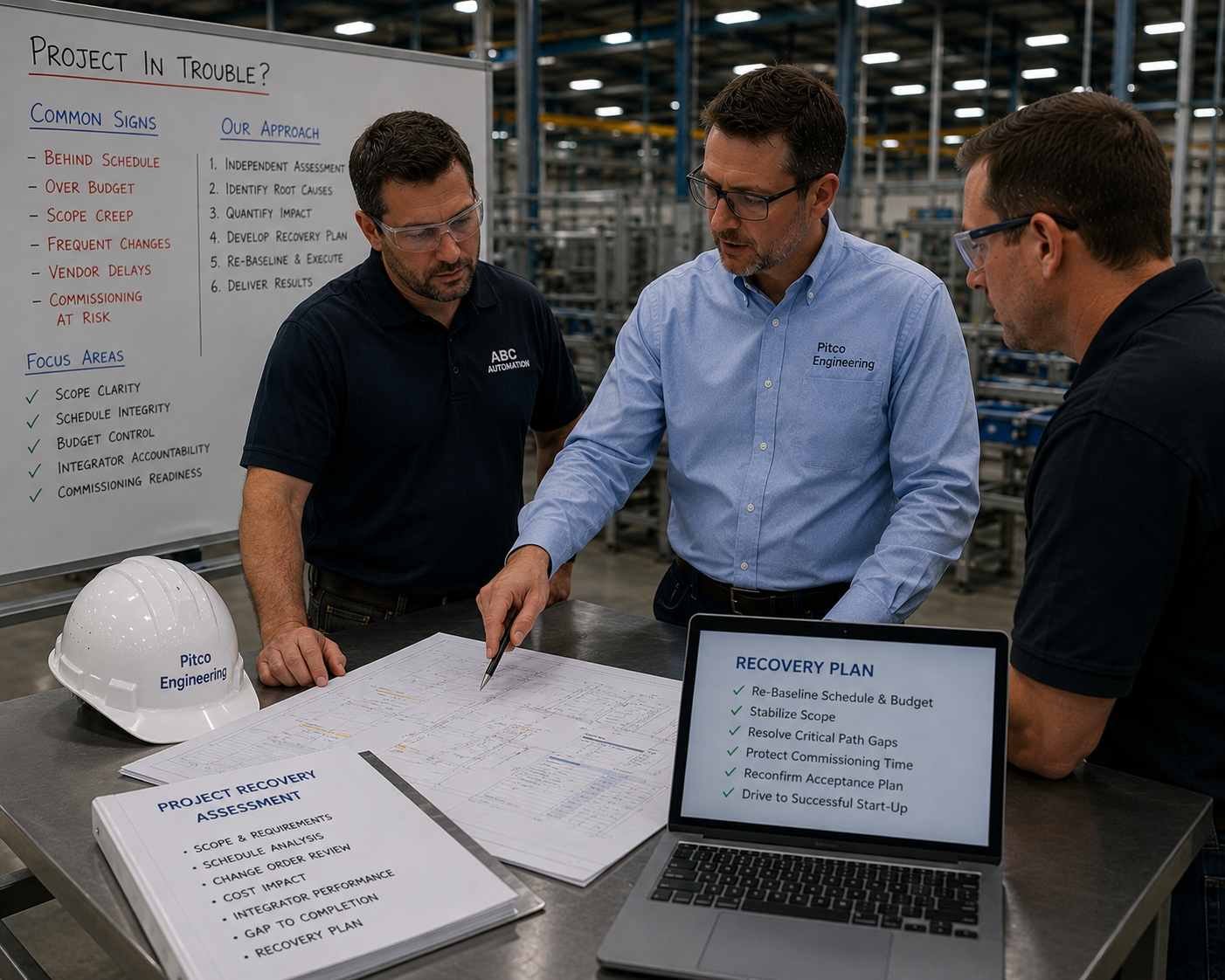 PITCO engineers at a project-recovery whiteboard mapping common warning signs, root causes, and a re-baselined recovery plan for a stalled automation project.
