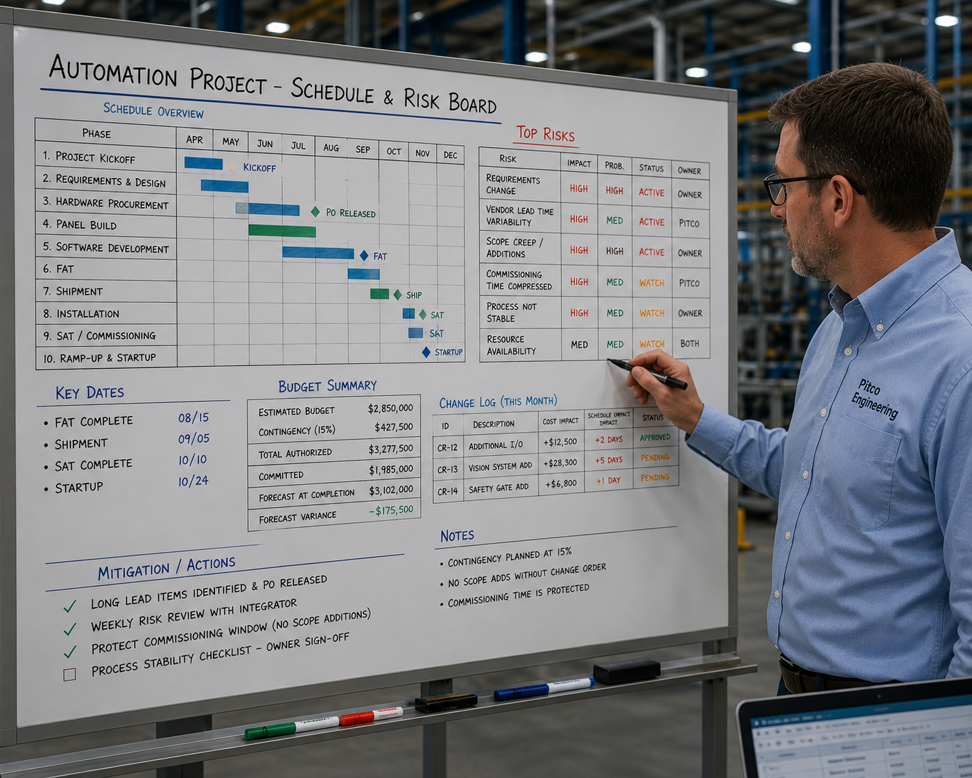 A PITCO engineer updating an automation project schedule and risk board — Gantt timeline, top risks, budget summary, and change log.