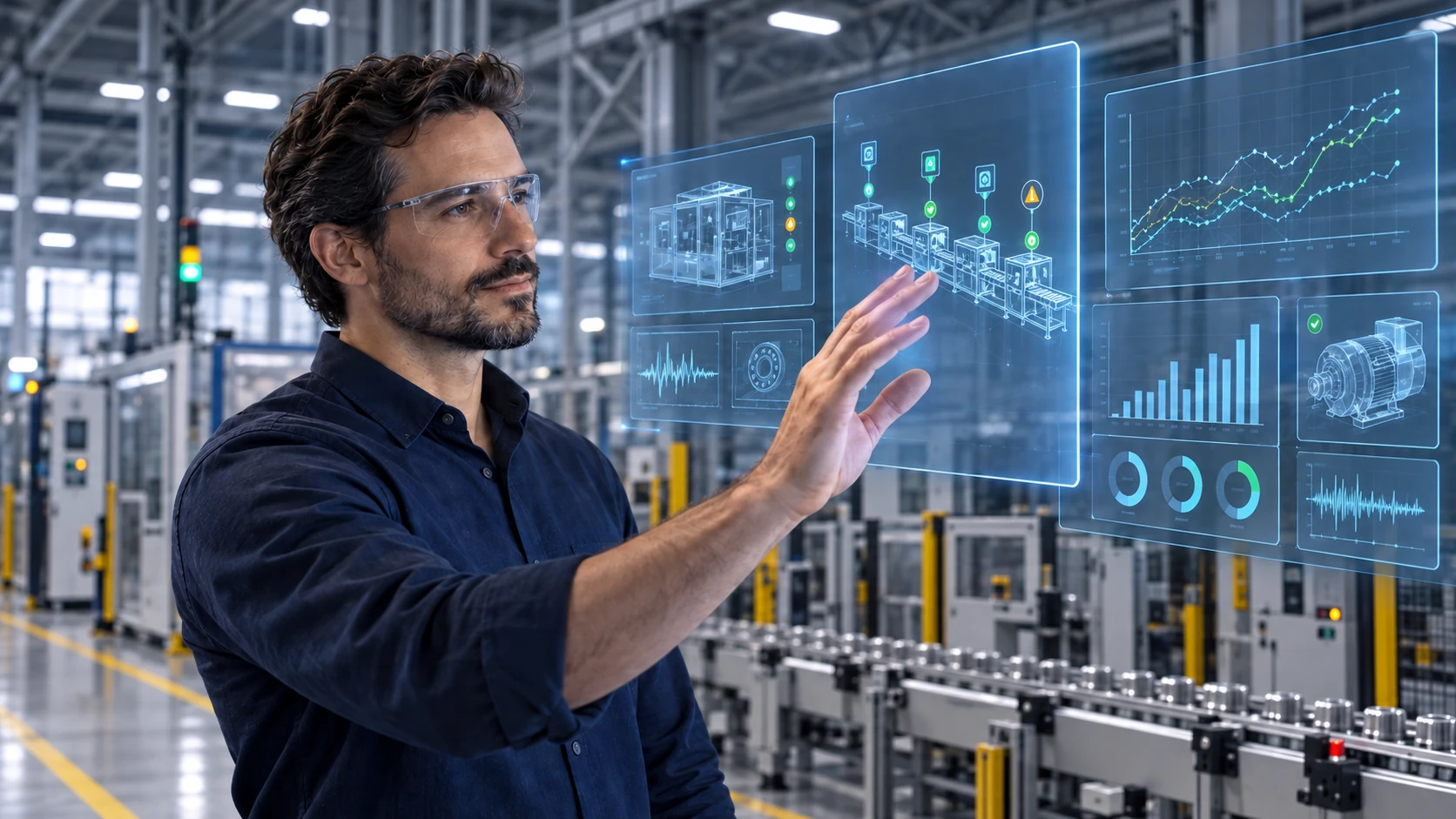 Concept illustration of an engineer using hand gestures to interact with augmented-reality production data on a factory floor.