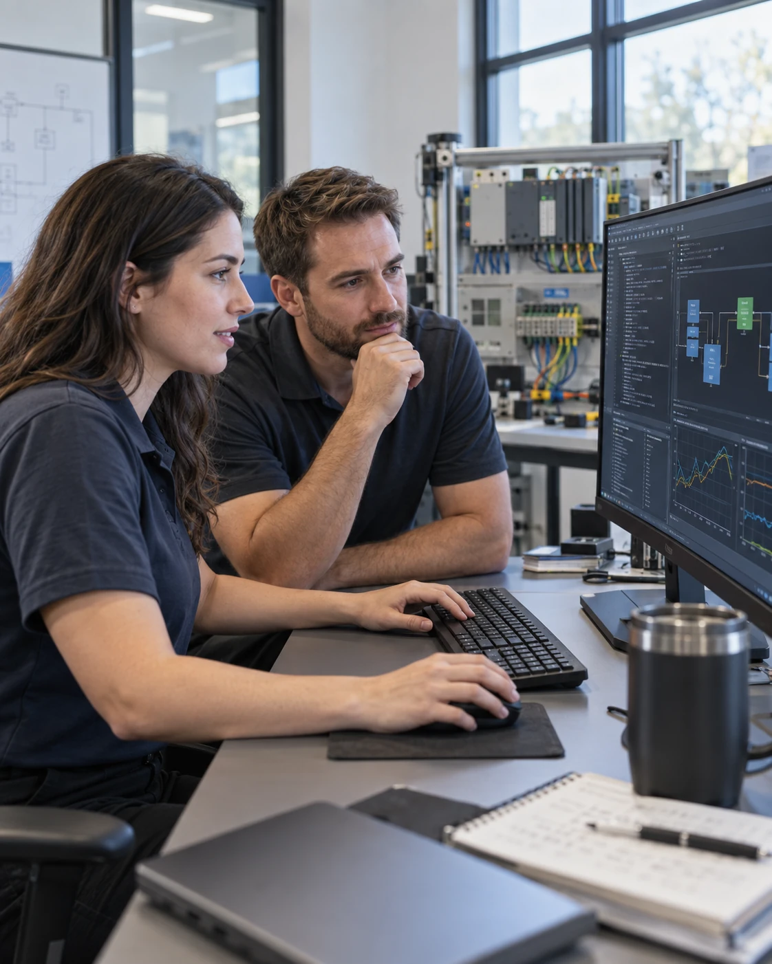 Two engineers working on controls software beside an industrial test panel.