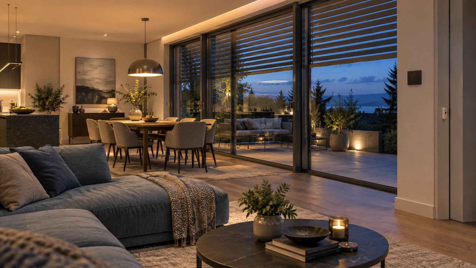 Contemporary living and dining space at dusk with warm lighting, window blinds, and a wall control panel.