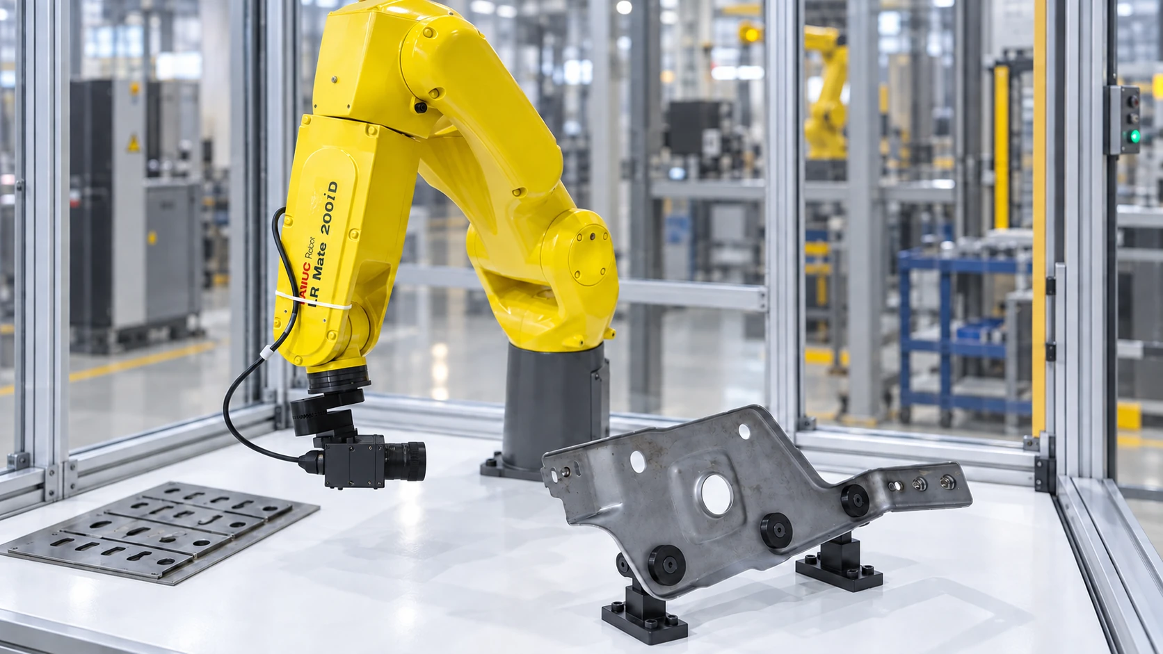 FANUC industrial robot with a wrist-mounted camera inspecting a fixtured component.