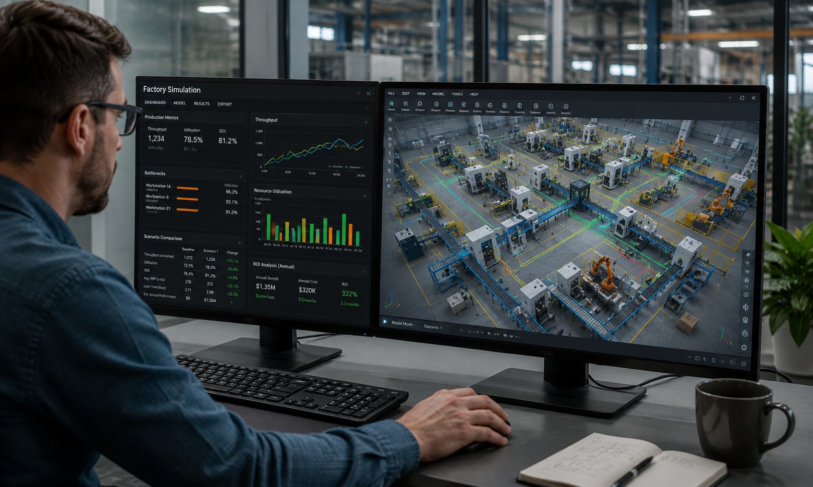A PITCO engineer reviewing a factory simulation dashboard and a 3D digital twin of a production line on dual monitors.
