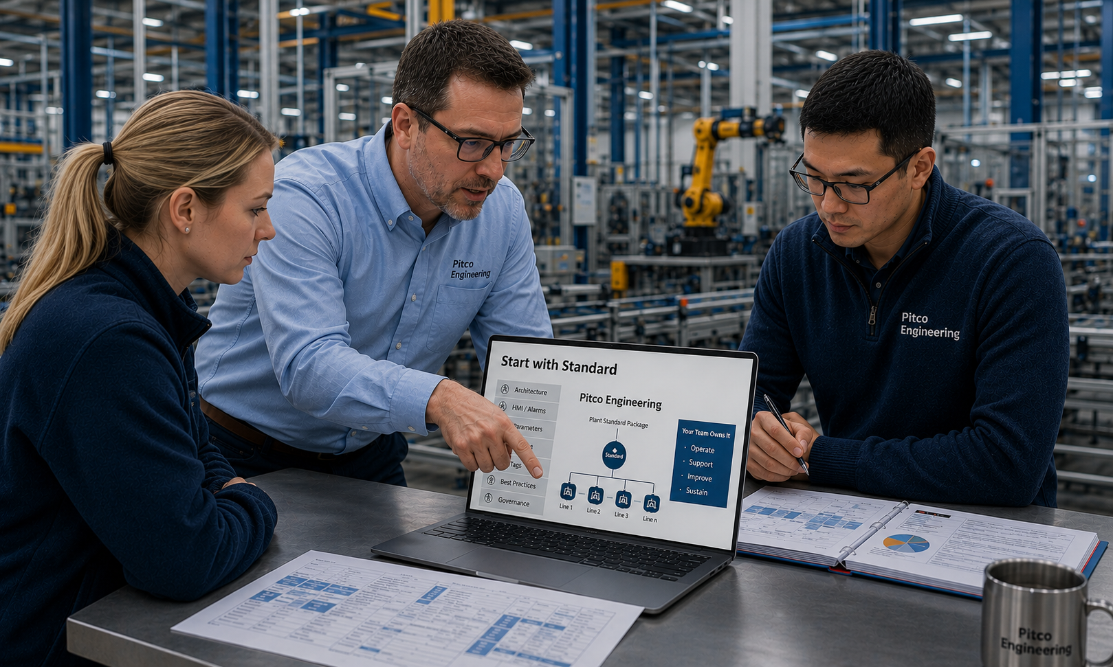 Three PITCO engineers reviewing the Start with Standard program on a laptop on a factory floor.