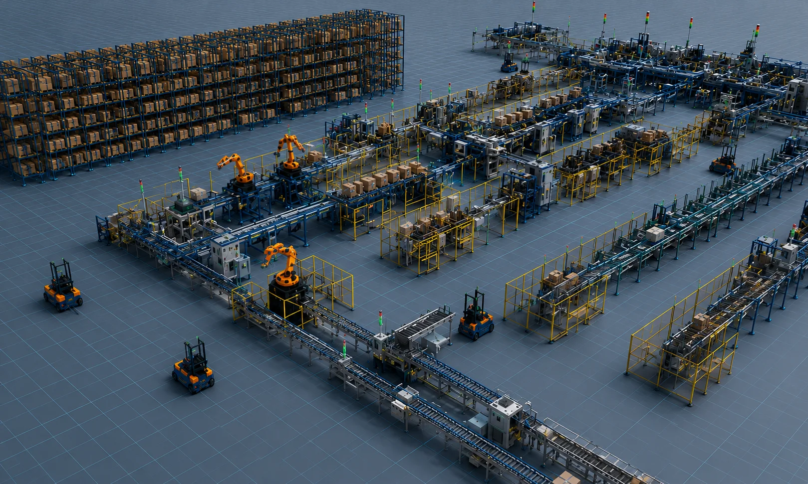 A plant simulation model of a production line, used to test material flow and throughput.