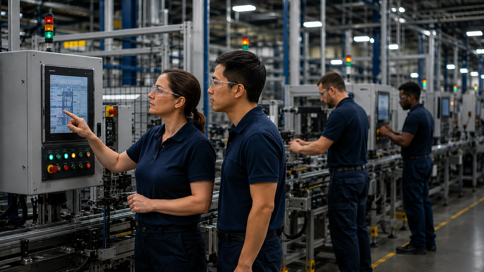 Operators in PITCO uniforms at a production-line HMI panel, with additional workers at matching stations down the line.