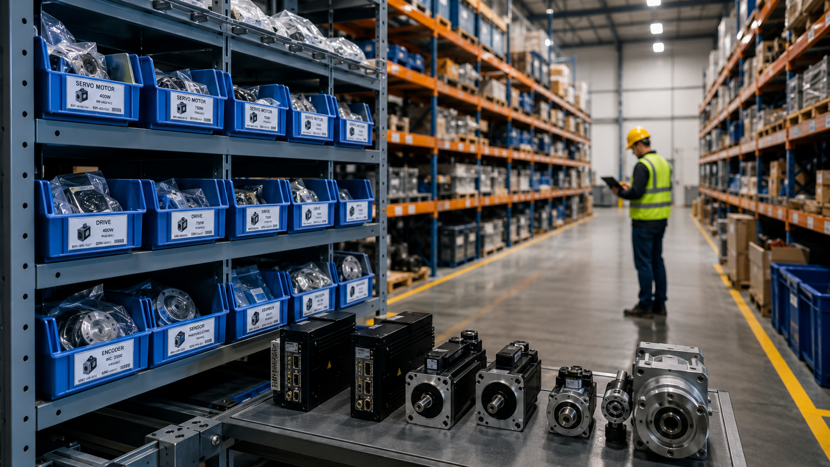 A warehouse aisle of organized blue spare-part bins, with a worker in safety gear checking inventory and servo motors staged on a cart in the foreground.