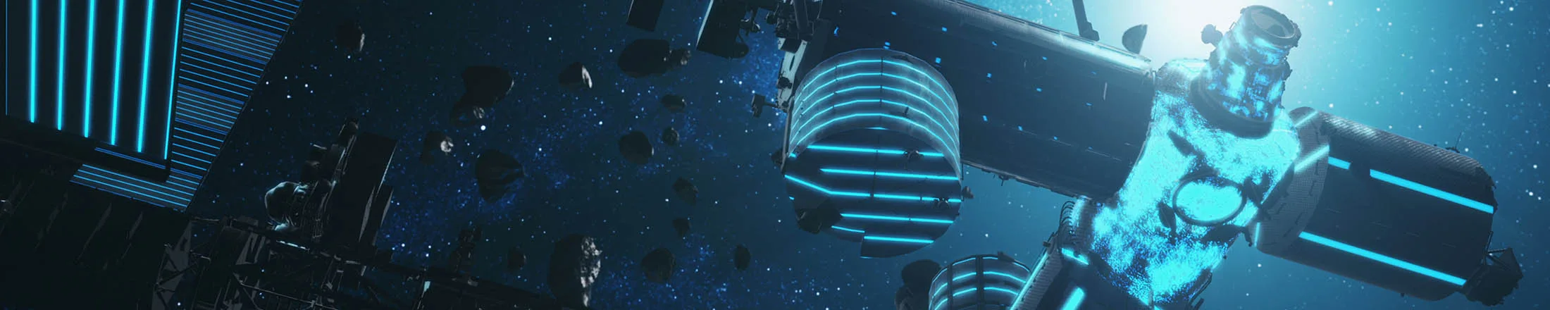 Asteroids silhouette at International Space Station with solar panels in outer space. Gravity fly